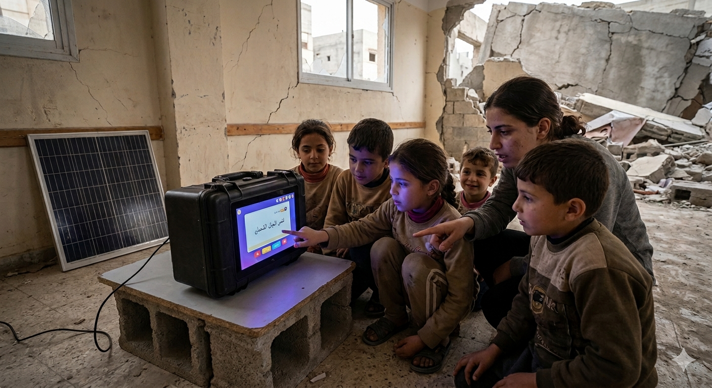Children learning with EduAI in a conflict zone — solar powered AI education